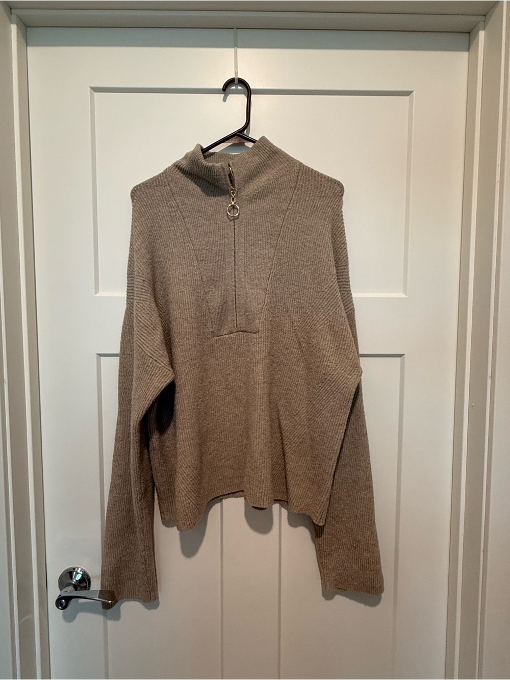 Relaxed Zip-Neck Crew Sweater in Taupe